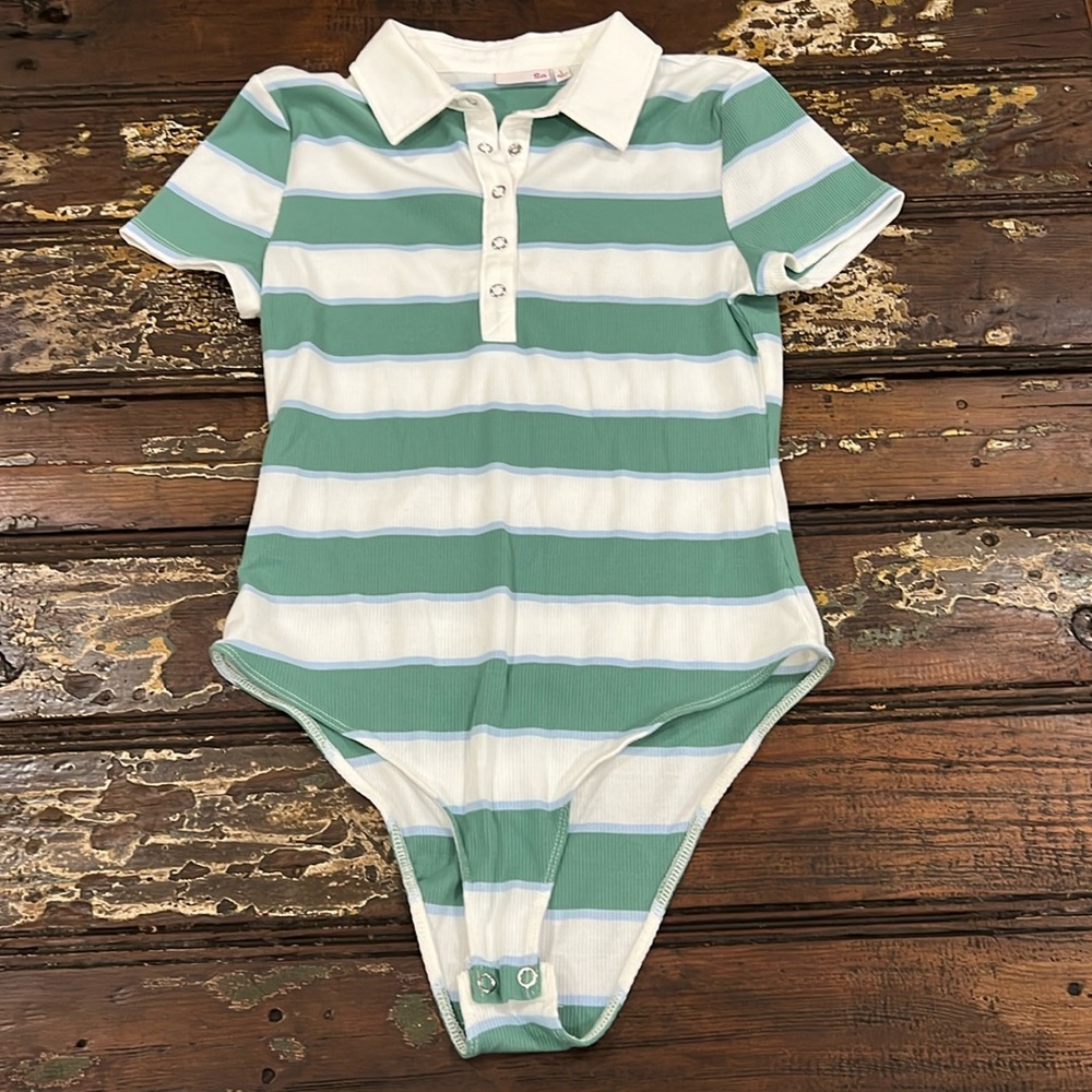 SO juniors green, white, & blue striped bodysuit with collar size large